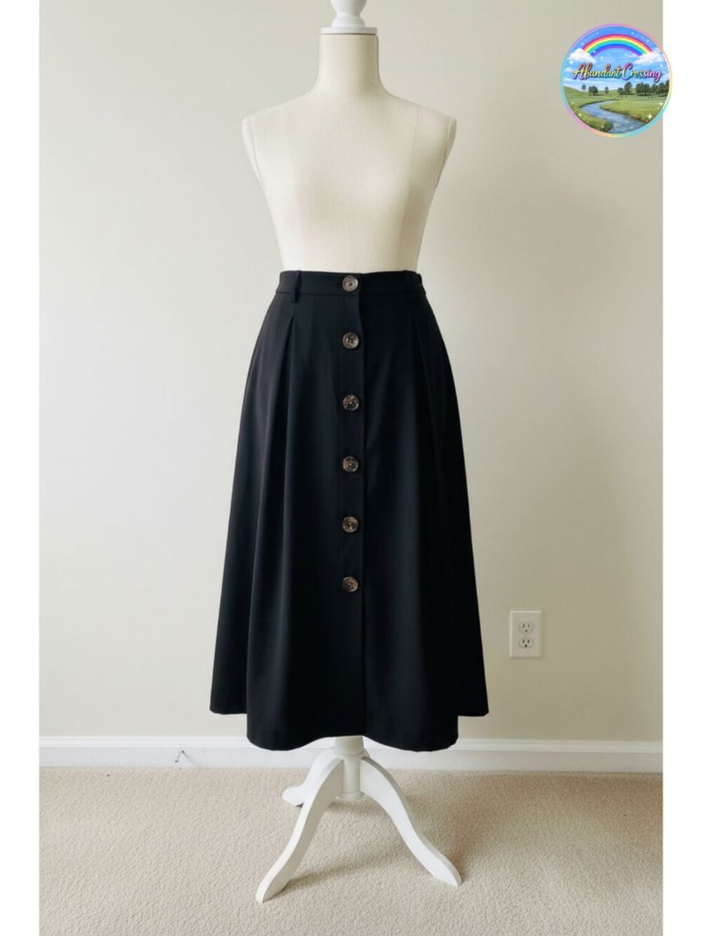 Pleated A-line Midi Skirt Elastic Waist Button Front Flared with Pockets